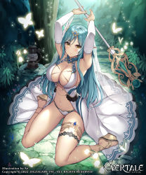 Rule 34 | 1girl, armpits, arms up, bare shoulders, blue butterfly, blue hair, blush, breasts, bug, butterfly, butterfly hair ornament, cleavage, copyright name, dress, evertale, from above, full body, hair ornament, high heels, holding, insect, jewelry, large breasts, long hair, looking at viewer, navel, pointy ears, seiza, sitting, smile, solo, staff, thigh strap, thighs, underwear, xe (execut3r), yellow eyes
