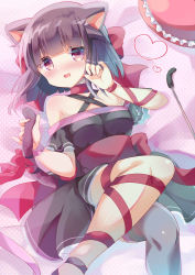 Rule 34 | 1girl, animal ears, bare shoulders, bed sheet, black dress, black hair, blush, bow, breasts, cat ears, cat girl, cat tail, cat teaser, commentary request, commission, dress, fallenshadow, feet out of frame, frills, grey thighhighs, heart, kuriyuzu kuryuu, lying, medium breasts, off-shoulder dress, off shoulder, on back, open mouth, original, red bow, red eyes, red ribbon, ribbon, single thighhigh, skeb commission, solo, tail, tail bow, tail ornament, tail raised, thighhighs, virtual youtuber