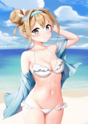 Rule 34 | 1girl, arm up, bikini, bikini under clothes, blue eyes, blue hairband, blue jacket, blue sky, blurry, blurry background, blush, breasts, brown hair, censored, closed mouth, cloud, cloudy sky, collarbone, commentary, cowboy shot, day, depth of field, frilled bikini, frills, girls&#039; frontline, groin, hair between eyes, hair bun, hair ornament, hairband, highres, horizon, jacket, medium breasts, mosaic censoring, navel, nose blush, ocean, off shoulder, official alternate costume, open clothes, open jacket, outdoors, single hair bun, sky, smile, snowflake hair ornament, solo, standing, suomi (girls&#039; frontline), suomi (midsummer pixie) (girls&#039; frontline), swimsuit, water, white bikini, white clover (unfy8472)