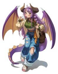 Rule 34 | 1girl, bag, belt, blue pants, blush, brown bag, bubble tea, chain, dragon girl, dragon horns, dragon tail, dragon wings, drinking straw, full body, heart, heart necklace, highres, horns, im hidari mimi, jewelry, long hair, looking at viewer, midriff, multi-tied hair, navel, necklace, orange belt, original, pants, purple hair, shadow, shoulder bag, simple background, solo, standing, tail, torn clothes, torn pants, very long hair, white background, wings, yellow eyes