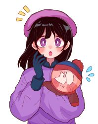 Rule 34 | 1girl, beanie, beret, black hair, blunt bangs, blush, character doll, coat, doll, gloves, hat, holding, holding doll, long hair, hugging object, open mouth, purple coat, purple eyes, south park, stan marsh, stuffed toy, wendy testaburger