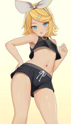 Rule 34 | :o, aruman, belt buckle, black choker, black shirt, black shorts, blonde hair, blue eyes, bow, breasts, buckle, choker, commentary, contrapposto, cowboy shot, from below, gradient background, hair bow, hair ornament, hairband, hairclip, hand on own thigh, hand up, highres, kagamine rin, looking at viewer, looking down, midriff, navel, paid reward available, shirt, shorts, simple background, sleeveless, sleeveless shirt, small breasts, swept bangs, upshirt, upshorts, variant set, vocaloid, white bow, yellow background, yellow nails