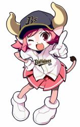 Rule 34 | 1girl, baseball cap, baseball jersey, blush, buffalo bell, gloves, hat, highres, horns, jersey, mascot, nippon professional baseball, one eye closed, open mouth, orix buffaloes, pink hair, red eyes, short hair, skirt, smile, solo, tail, wink