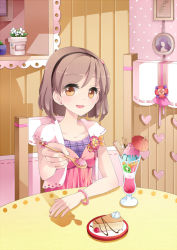 Rule 34 | 1girl, :d, bad id, bad pixiv id, book, brooch, brown eyes, brown hair, cake, cake slice, chair, cherry, chocolate, cream, cup, earrings, eloosia, feeding, flower, food, fruit, hair ornament, hairband, heart, ice cream, incoming food, indoors, jewelry, looking at viewer, open mouth, original, parfait, photo (object), plant, plate, pocky, pot, pov, pov across table, pov feeding, shadow, short hair, smile, solo, spoon, sprinkles, strawberry, table, umbrella, yellow eyes, zucchini
