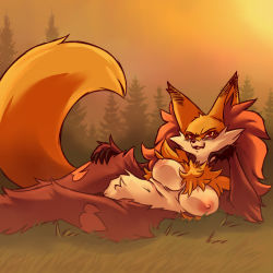 Rule 34 | 1girl, breasts, creatures (company), delphox, female focus, forest, fox, fox girl, furry, furry female, game freak, gen 6 pokemon, highres, nature, navel, nintendo, nipples, outdoors, plague of gripes, plant, pokemon, pokemon (creature), pussy, red eyes, solo, third-party edit