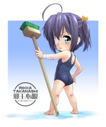 Rule 34 | 10s, 1girl, bandages, black hair, blue eyes, broom, chibi, chuunibyou demo koi ga shitai!, cleaning brush, eyepatch, from behind, highres, kneepits, looking back, mao9721, mao (6r), one-piece swimsuit, school swimsuit, short hair, side ponytail, solo, swimsuit, takanashi rikka, typo