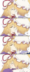 Rule 34 | !, 2girls, ^^^, animal ears, animal hat, arms around neck, blonde hair, blush, closed eyes, commentary, dress, elbow gloves, finger to mouth, flying sweatdrops, fourth wall, from behind, gloves, hand on another&#039;s cheek, hand on another&#039;s face, hat, hat ribbon, heart, highres, imminent kiss, kirisita, kiss, kiss day, lipstick, long hair, looking at viewer, makeup, mob cap, multiple girls, notice lines, puffy short sleeves, puffy sleeves, purple dress, red ribbon, ribbon, short hair, short sleeves, shushing, smile, touhou, white background, yakumo ran, yakumo yukari, yellow eyes, yuri