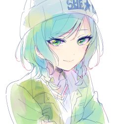 Rule 34 | 1girl, aqua hair, bad id, bad twitter id, bang dream!, beanie, blush, braid, closed mouth, collared jacket, commentary request, green eyes, green jacket, hair ribbon, hat, highres, hikawa hina, jacket, long sleeves, looking at viewer, musshu (omu001), ribbon, shirt, short hair, side braids, simple background, sketch, smile, solo, tress ribbon, upper body, white background, wing collar