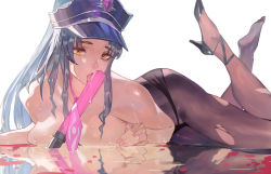 Rule 34 | 1girl, bikini, bikini bottom only, black bikini, black gloves, black hair, black headwear, black pantyhose, blush, breasts, collarbone, covered navel, facial mark, fate/grand order, fate (series), fingerless gloves, forehead mark, gloves, hat, high heels, large breasts, legs, licking, long hair, looking at viewer, lying, multicolored hair, necktie, on stomach, open mouth, pantyhose, parted bangs, pink neckwear, police hat, ponytail, sessyoin kiara, sessyoin kiara (swimsuit mooncancer), sessyoin kiara (swimsuit mooncancer) (second ascension), swimsuit, thighs, topless, traffic baton, very long hair, vic (vedream), water, wet, yellow eyes