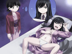Rule 34 | 2girls, alternate hairstyle, bed, black eyes, black hair, blush, breasts, cleavage, commentary, drooling, expressionless, female focus, hakama, hakama skirt, hosoinogarou, imagining, japanese clothes, kimono, koguma (super cub), long hair, looking at another, low twintails, medium breasts, multiple girls, navel, necktie, no bra, obi, on bed, open mouth, panties, pillow, purple background, reiko (super cub), sash, school uniform, short hair, simple background, skirt, sleeping, snoring, sparkle, spread legs, super cub, sweat, teeth, thought bubble, twintails, underwear, upper teeth only, white panties, yuri