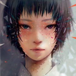 Rule 34 | 1girl, abstract, black hair, blouse, blue eyes, colorful, commentary request, eyebrows, eyelashes, freckles, heterochromia, lips, looking at viewer, nose, original, pink eyes, portrait, realistic, shirt, short hair, solo, triangle, wataboku, white shirt, wing collar
