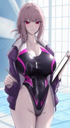 Rule 34 | 1girl, absurdres, alternate costume, black one-piece swimsuit, breasts, cleavage, collarbone, competition swimsuit, covered navel, fate/grand order, fate (series), florence nightingale (fate), highleg, highleg swimsuit, highres, holding, jacket, large breasts, long hair, long neck, long sleeves, looking at viewer, one-piece swimsuit, parted lips, pink hair, pool, purple jacket, red eyes, shiroshisu, solo, swimsuit, thighs, water, whistle, whistle around neck