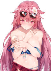 Rule 34 | 1girl, bad id, bad pixiv id, bare shoulders, bikini, black-framed eyewear, blue bikini, blush, breasts, cleavage, closed mouth, collarbone, covering privates, covering breasts, eyewear on head, flipped hair, flower, front-tie bikini top, front-tie top, girls&#039; frontline, hair flower, hair ornament, hand on own chest, highres, holding, hplay, large breasts, long hair, looking at viewer, lotion bottle, ntw-20 (girls&#039; frontline), ntw-20 (op. blazing sun) (girls&#039; frontline), official alternate costume, pink eyes, pink hair, sarong, shiny skin, simple background, smile, solo, strap slip, sunglasses, swimsuit, tsurime, very long hair, white background