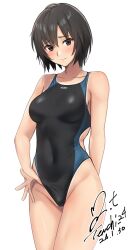 Rule 34 | 1girl, adjusting clothes, adjusting swimsuit, amagami, artist name, black hair, black one-piece swimsuit, breasts, brown eyes, competition swimsuit, covered navel, cowboy shot, dated, highres, looking at viewer, nanasaki ai, one-piece swimsuit, short hair, signature, simple background, small breasts, smile, solo, swimsuit, two-tone swimsuit, white background, yoo tenchi