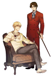 Rule 34 | 2boys, alcohol, blonde hair, blue eyes, bracelet, brown hair, cane, cup, drinking glass, facial hair, fate/zero, fate (series), formal, gem, gilgamesh (fate), goatee, jewelry, male focus, multiple boys, necklace, official alternate costume, red eyes, sitting, snakeskin print, spzhsla, staff, suit, tohsaka tokiomi, wine, wine glass
