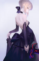 Rule 34 | 1girl, artoria pendragon (all), artoria pendragon (fate), backless dress, backless outfit, bare shoulders, black bow, black choker, black dress, black sleeves, blonde hair, bow, breasts, choker, detached sleeves, dress, excalibur morgan (fate), fate/grand order, fate/stay night, fate (series), grey background, hair bow, hair bun, highres, holding, holding sword, holding weapon, looking at viewer, parted lips, saber alter, shigma, sidelocks, sideways glance, skirt hold, slit pupils, small breasts, solo, strapless, strapless dress, sword, weapon, yellow eyes