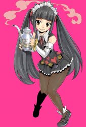 Rule 34 | 1girl, black footwear, black hair, black pantyhose, black skirt, black vest, brown eyes, collared shirt, detached sleeves, full body, gate of nightmares, highres, holding, holding teapot, leah (gate of nightmares), long hair, looking at viewer, maid, maid headdress, mashima hiro, miniskirt, necktie, official art, pantyhose, pleated skirt, red necktie, shirt, shoes, skirt, solo, steam, teapot, transparent background, twintails, vest, white shirt, white sleeves