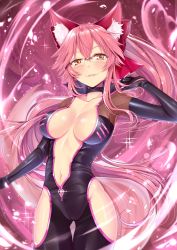 Rule 34 | 1girl, absurdres, animal ear fluff, animal ears, black bodysuit, blush, bodysuit, bow, breasts, center opening, choker, clothing cutout, collarbone, fate/grand order, fate (series), fox ears, fox girl, fox tail, glasses, gu li, hair between eyes, hair bow, highres, koyanskaya (assassin) (first ascension) (fate), koyanskaya (fate), large breasts, long hair, looking at viewer, navel, parted lips, pink background, pink bow, pink hair, smile, solo, sparkle, tail, tamamo (fate), thigh cutout, thighs, very long hair, yellow eyes, zipper, zipper pull tab