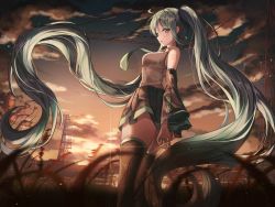 Rule 34 | 1girl, ahoge, aqua eyes, aqua hair, aqua necktie, arms behind back, bare shoulders, blurry, blurry foreground, breasts, cloud, dawn, detached sleeves, facing away, grass, hair blowing, hatsune miku, highres, icebox46, light particles, long hair, looking at viewer, looking back, medium breasts, necktie, number tattoo, outdoors, parted lips, scenery, shirt, sidelocks, skirt, sky, solo, standing, sunrise, tattoo, thighhighs, thighs, twintails, very long hair, vocaloid