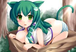 Rule 34 | 1girl, all fours, animal ears, ass, blush, box, breasts, cat ears, cat girl, cat tail, female focus, green eyes, green hair, hair ornament, highres, in box, in container, kemonomimi mode, kochiya sanae, large breasts, matching hair/eyes, no bra, no pants, open clothes, open shirt, panties, shirt, solo, striped clothes, striped panties, tail, touhou, underwear, yoshimo