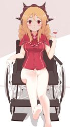 Rule 34 | 1girl, :&lt;, absurdres, alcohol, blonde hair, blush, bonnet, breasts, capelet, cup, drill hair, drinking glass, earrings, ero mang-a, feet, gloves, hair ornament, half gloves, highres, jewelry, large breasts, long hair, looking at viewer, pantyhose, red eyes, shirt, single earring, sitting, sleeveless, sleeveless shirt, solo, warship girls r, warspite (warship girls r), wheelchair, white gloves, white pantyhose, wine, wine glass