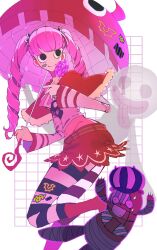 Rule 34 | 1girl, black eyes, blunt bangs, boots, candy, capelet, commentary, crop top, food, full body, ghost, hat, highres, holding, holding candy, holding food, holding lollipop, holding umbrella, kumacy, lollipop, long sleeves, looking to the side, mask, mouth mask, one piece, oooop jp, pantyhose, perona, pink hair, red capelet, red skirt, skirt, smile, striped clothes, striped pantyhose, stuffed animal, stuffed toy, sweatdrop, symbol-only commentary, tongue, tongue out, umbrella