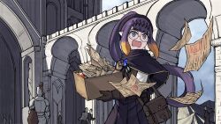 Rule 34 | 1girl, absurdres, blue brooch, box, brown bag, brown gloves, building, fang, glasses, gloves, gradient hair, headpiece, highres, holding, holding box, hololive, hololive english, ice (10222), knight, long hair, multicolored hair, ninomae ina&#039;nis, open mouth, orange hair, paper stack, pleated skirt, pointy ears, ponytail, purple eyes, purple hair, purple skirt, round eyewear, scroll, shirt, skirt, sky, solo focus, tentacle hair, vial, virtual youtuber, white shirt