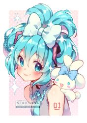 Rule 34 | 1girl, 1other, alternate hairstyle, animal, animal ears, artist name, bare shoulders, blue bow, blue eyes, blue hair, blue necktie, blush, border, bow, breasts, cinnamiku, cinnamoroll, closed mouth, collared shirt, commentary, crossover, english commentary, grey shirt, hair between eyes, hair bow, hair ornament, hatsune miku, lips, looking at viewer, looking to the side, medium breasts, miku day, necktie, neko-rina, number tattoo, open mouth, outside border, pink background, polka dot, polka dot background, rabbit ears, rabbit tail, sanrio, shirt, short hair, sidelocks, sleeveless, sleeveless shirt, smile, star (symbol), tail, tattoo, upper body, vocaloid, watermark, white border, white fur