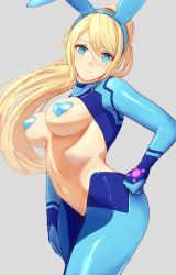 Rule 34 | 1girl, adapted costume, animal ears, blonde hair, blue eyes, breasts, grey background, hand on own hip, heart pasties, highres, ippers, looking at viewer, medium breasts, meme attire, metroid, mole, mole under mouth, navel, nintendo, pasties, ponytail, rabbit ears, reverse bunnysuit, reverse outfit, samus aran, solo, stomach, zero suit