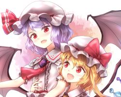 Rule 34 | 2girls, ascot, bat wings, blonde hair, blush, crystal, eye contact, fang, flandre scarlet, hat, hat ribbon, light purple hair, looking at another, minust, mob cap, multiple girls, open mouth, puffy sleeves, red eyes, remilia scarlet, ribbon, sash, shirt, short hair, short sleeves, siblings, sisters, slit pupils, smile, touhou, wings