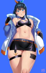 Rule 34 | 1girl, bandeau, bare shoulders, belt, black bandeau, black gloves, black hair, black skirt, blue background, blue eyes, blue sleeves, breasts, cleavage, collarbone, commentary request, cowboy shot, finalcake, gloves, gridman universe, hair between eyes, hair ribbon, halterneck, highres, jacket, long hair, long sleeves, looking at viewer, midriff, miniskirt, navel, official alternate costume, official alternate hairstyle, open clothes, open jacket, parted lips, pencil skirt, ponytail, ribbon, sidelocks, signature, simple background, skindentation, skirt, small breasts, solo, ssss.gridman, standing, takarada rikka, thick thighs, thigh strap, thighs, white jacket