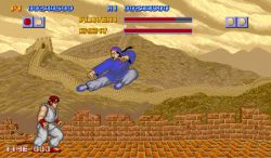 Rule 34 | 2boys, capcom, china, fighting, flying kick, game, great wall of china, kicking, kung fu, lee (street fighter), lowres, multiple boys, retro artstyle, ryu (street fighter), screencap, street fighter, street fighter 1