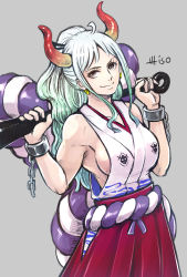 Rule 34 | 1girl, ahoge, armpits, bare arms, bare shoulders, biceps, breasts, chain, closed mouth, club, club (weapon), collarbone, commentary request, cowboy shot, cuffs, gradient hair, green hair, grey background, hair ornament, hair stick, hands up, high ponytail, highres, holding, holding weapon, horns, japanese clothes, kanabou, kataginu, long hair, looking at viewer, misokkasu, multicolored hair, multicolored horns, one piece, oni, rope, shackles, shimenawa, sideboob, sidelocks, simple background, smile, solo, toned, two-tone hair, weapon, yamato (one piece)