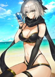 Rule 34 | 1girl, ahoge, bare shoulders, beach, between legs, bikini, black bikini, black gloves, black legwear, black scarf, blonde hair, bow, breasts, can, cleavage, closed mouth, cloud, cloudy sky, commentary request, dutch angle, ero waifu, fate/grand order, fate (series), gloves, hair bow, hand between legs, holding, holding can, looking at viewer, medium breasts, multi-strapped bikini, navel, ocean, official style, okita j. souji (fate), okita j. souji (first ascension) (fate), okita souji (fate), okita souji (koha-ace), scarf, seiza, short hair, sitting, sky, smile, solo, swimsuit, thigh strap, thighs