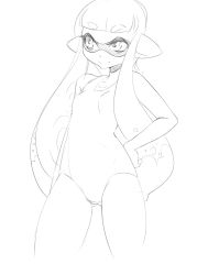 Rule 34 | 1girl, breasts, greyscale, hand on own hip, inkling, inkling girl, inkling player character, long hair, monochrome, monster girl, nintendo, obj shep, one-piece swimsuit, short hair with long locks, sketch, small breasts, smile, solo, splatoon (series), splatoon 1, swimsuit, twintails