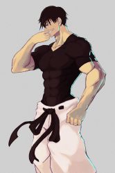 Rule 34 | 1boy, abs, black shirt, fushiguro touji, hand on own hip, hand on own face, highres, jujutsu kaisen, looking away, male focus, muscular, muscular male, pants, shirt, smile, solo, tight clothes, tight shirt, white pants