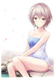 Rule 34 | 1girl, anastasia (idolmaster), bare arms, bare legs, bare shoulders, blue eyes, breasts, cherry blossom print, cherry blossoms, cleavage, collarbone, floral print, gradient background, hair between eyes, idolmaster, idolmaster cinderella girls, looking at viewer, naked towel, nannacy7, onsen, petals, rock, short hair, sitting, small breasts, smile, solo, towel, water, white hair