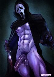 Rule 34 | 1boy, abs, absurdres, artist name, bara, black coat, black gloves, blood, bloody knife, bloody weapon, chest hair, coat, flaccid, ghostface, gloves, highres, holding, holding knife, holding weapon, hood, hood up, hooded coat, knife, large pectorals, long coat, male focus, male pubic hair, mask, muscular, muscular male, navel, nipples, nude, open clothes, open coat, pectorals, penis, phausto, pubic hair, scream (movie), solo, thick thighs, thighs, uncensored, weapon