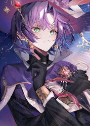 Rule 34 | 1boy, absurdres, black gloves, black shirt, blue capelet, blush, capelet, closed mouth, earrings, gloves, green hair, hat, highres, jewelry, looking to the side, mahoutsukai no yakusoku, male focus, murr hart, purple hair, shirt, short hair, solo, star (sky), star (symbol), starry background, u-sama (u summer0719), witch hat