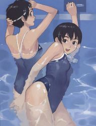 Rule 34 | 2girls, artist request, black eyes, black hair, competition swimsuit, goggles, multiple girls, non-web source, one-piece swimsuit, pool, short hair, smile, swimming, swimsuit