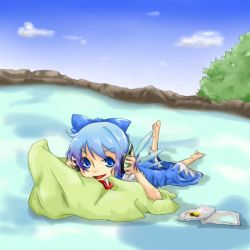 Rule 34 | 1girl, bad id, bad pixiv id, blue eyes, blue hair, book, cirno, dress, ember (7012), female focus, headphones, matching hair/eyes, nature, outdoors, pillow, plant, ribbon, short hair, sky, solo, touhou