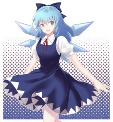 Rule 34 | 1girl, alternate hair length, alternate hairstyle, bad id, bad pixiv id, blue dress, blue eyes, blue hair, blush, border, bow, cirno, cowboy shot, dress, hair bow, highres, ice, ice wings, long hair, looking at viewer, matching hair/eyes, open mouth, outline, polka dot, polka dot background, puffy short sleeves, puffy sleeves, red bow, red ribbon, ribbon, short sleeves, smile, solo, touhou, white border, wings, x&amp;x&amp;x