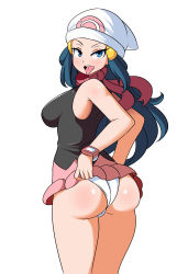 Rule 34 | 1girl, absurdres, ass, bare legs, bare shoulders, blue eyes, blue hair, blush, breasts, cowboy shot, creatures (company), curvy, dawn (pokemon), game freak, hair ornament, hat, highres, huge ass, long hair, looking at viewer, looking back, lucyfer, matching hair/eyes, medium breasts, miniskirt, naughty face, nintendo, open mouth, panties, pink skirt, pokemon, pokemon dppt, scarf, shiny skin, simple background, skirt, sleeveless, solo, teeth, thighs, tongue, tongue out, underwear, watch, white background, white hat, white panties, wristwatch