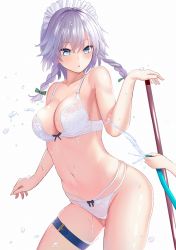 Rule 34 | 1girl, :o, amisu, bare arms, bare shoulders, blue eyes, blush, bow, bow panties, bra, braid, breasts, collarbone, commentary request, cowboy shot, green bow, groin, hair between eyes, hair bow, hand up, holding, hose, izayoi sakuya, large breasts, looking at viewer, maid headdress, navel, panties, parted lips, short hair, silver hair, simple background, skindentation, solo focus, standing, stomach, thigh strap, thighs, touhou, twin braids, underwear, underwear only, water, white background, white bra, white panties