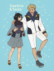 Rule 34 | 1boy, 1girl, absurdres, asticassia school uniform, black hair, blonde hair, blue background, blue eyes, blue hoodie, brown footwear, character name, commentary, eye contact, full body, grey jacket, grey shorts, gundam, gundam suisei no majo, hand on another&#039;s shoulder, highres, holding, holding tablet pc, hood, hood down, hoodie, jacket, long sleeves, looking at another, michiru (gakuranz), open mouth, school uniform, sedo wanchek, seethia, shoes, short hair, shorts, smile, standing, tablet pc, v-shaped eyebrows, white jacket, white shorts, wide sleeves, yellow eyes