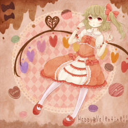 Rule 34 | 1girl, alternate costume, blonde hair, cookie, cupcake, dress, female focus, flandre scarlet, food, heart, inazuma11a, macaron, no headwear, no headwear, pantyhose, pink background, red eyes, ribbon, short hair, side ponytail, solo, touhou, valentine, white pantyhose, wings