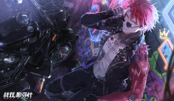 Rule 34 | artist request, belt, chain, chain-link fence, fence, graffiti, highres, jacket, leaning on object, looking at viewer, mechanical arms, mechanical parts, motor vehicle, motorcycle, neon lights, noctis (punishing: gray raven), official art, open clothes, open jacket, open sign, punishing: gray raven, red hair, scar, single mechanical arm, smile, spikes, spray can, sunglasses, tattoo, yellow eyes