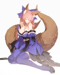 Rule 34 | 1girl, animal ear fluff, animal ears, bare shoulders, blue bow, blue kimono, blue thighhighs, bow, bsq, closed eyes, detached collar, detached sleeves, fate/grand order, fate (series), fox ears, fox girl, fox tail, hair between eyes, highres, japanese clothes, kimono, long hair, multiple tails, pelvic curtain, pink hair, short kimono, solo, split ponytail, tail, tamamo (fate), tamamo no mae (fate/extra), thighhighs, two tails, white background, wide sleeves