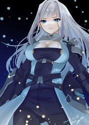 Rule 34 | 1girl, armor, blue eyes, breast tattoo, breasts, cleavage, cleavage cutout, closed mouth, clothing cutout, ethel (xenoblade), grey hair, highres, large breasts, long hair, looking at viewer, nayuta-kanata, shoulder armor, simple background, solo, tattoo, upper body, very long hair, xenoblade chronicles (series), xenoblade chronicles 3