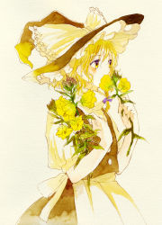 Rule 34 | 1girl, black dress, blonde hair, dress, female focus, flower, hand on own chest, hat, highres, holding, holding flower, kirisame marisa, multicolored eyes, nib pen (medium), painting (medium), purple eyes, short hair, simple background, smelling flower, solo, sugi, touhou, traditional media, watercolor (medium), witch, witch hat, yellow eyes
